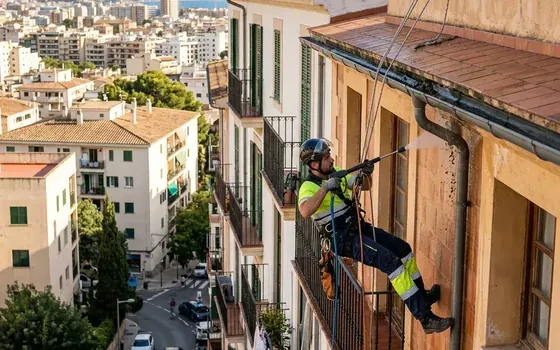 Técnico anclado a línea de vida durante el mantenimiento anual