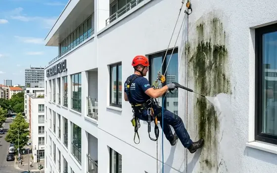 Fachada con algas y biofilm marino antes del tratamiento