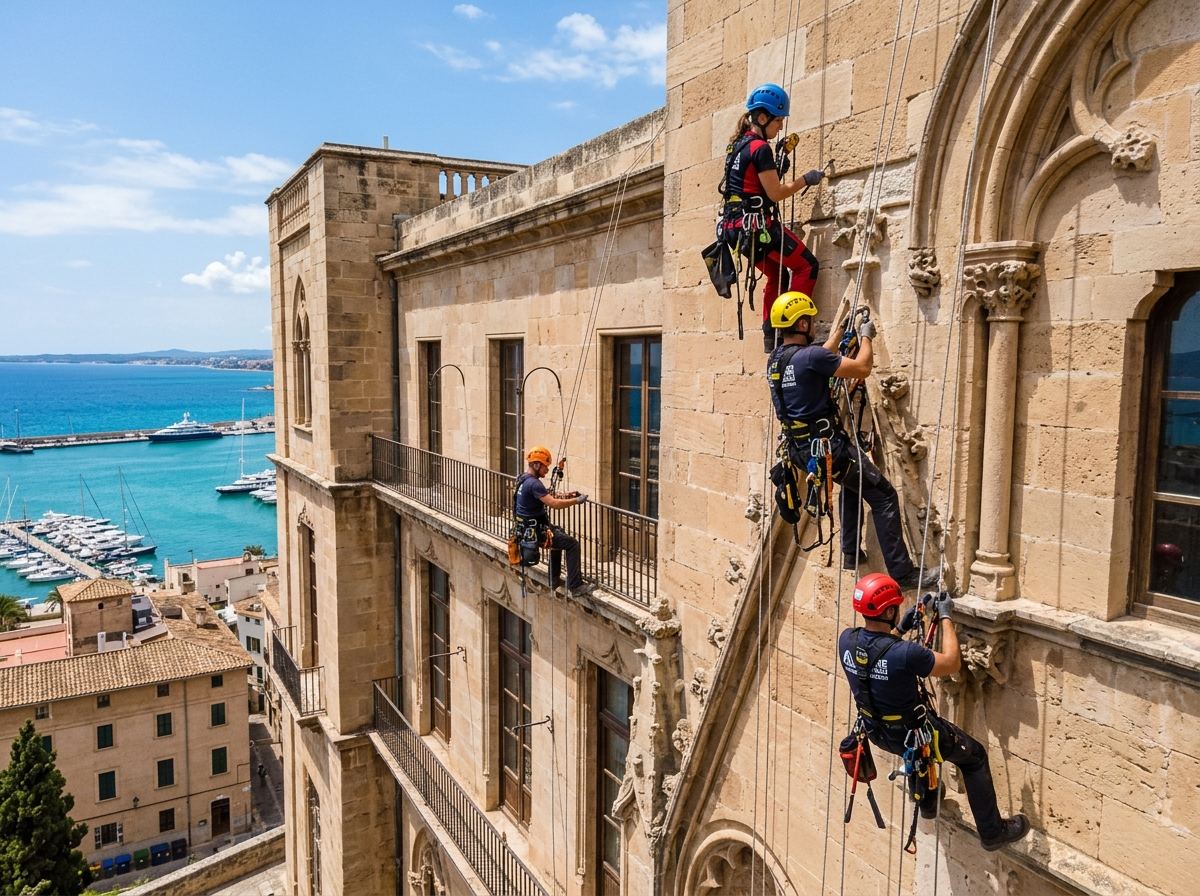 Rehabilitación sin andamios en un edificio del casco histórico de Manacor con técnicos de acceso por cuerdas