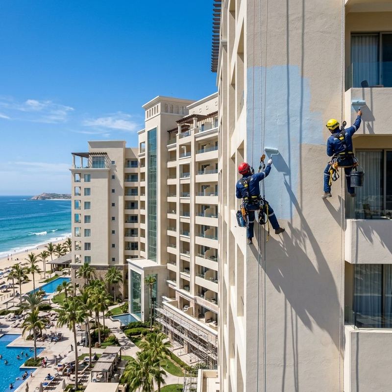 Pintura de fachada de un bloque de apartamentos turísticos en Calvià con técnicas de trabajo vertical