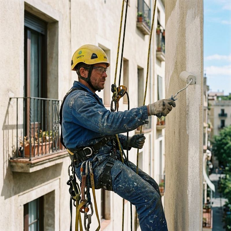 Pintura siloxánica fachada residencial Palma Nova — sin andamios Fachada de edificio residencial en Palma Nova pintada con pintura siloxánica blanca por técnicos en cuerdas